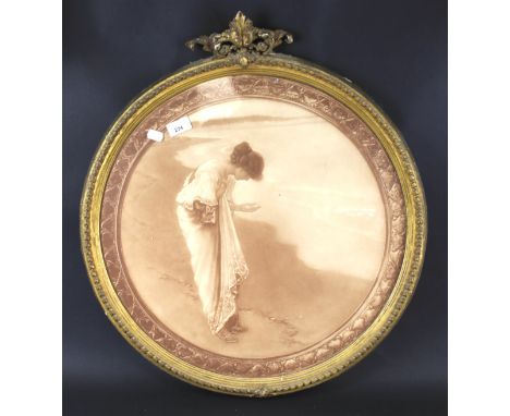 A late 19th century ornate gilt framed print of a lady. With pierced finial to the top, 50cm x 51cm