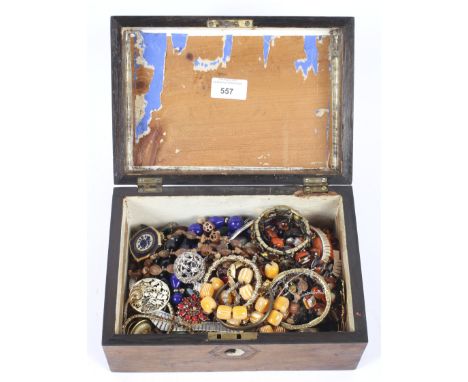 Assorted costume jewellery in a Victorian mahogany box. Including: beaded necklaces, brooches, pendants, a white metal collar