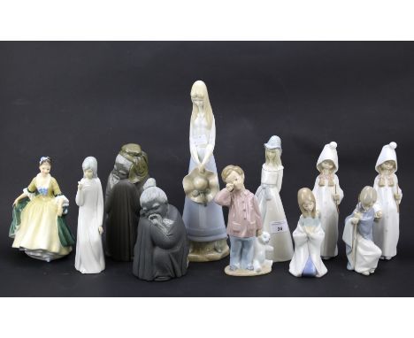 Eleven ceramic figures. Including Lladro, Royal Doulton and Nao examples, tallest H33cm