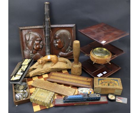 An assortment of collectables. To include a silver mounted walking cane, cribbage boards, carved wooden figure etc