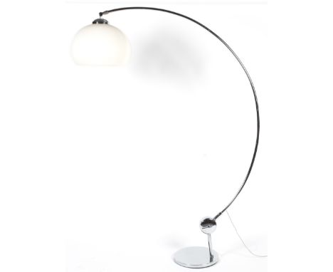 A large retro chrome adjustable arc floor lamp. With dome shaped white plastic shade on arc arm and circular base, 183cm high