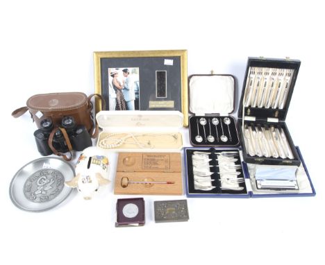 A box of mixed collectables, including flatware, binoculars, harmonica and other items. Including: Three cased sets of EPNS f