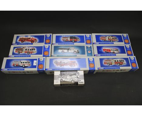 Ten Corgi Classics 'Premier Models' fire engine deicast models. Including a 'Mack B Series Pumper', 'E-1 Sidemount' etc, all 