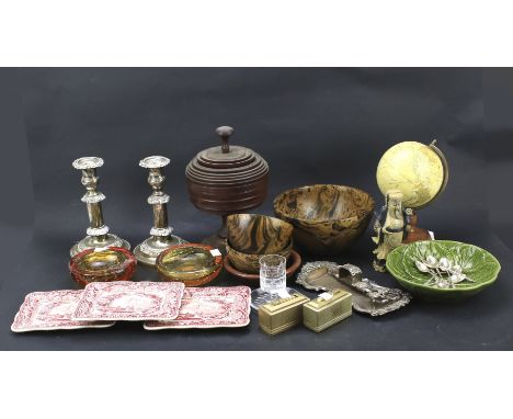 An assortment of collectables. Including a pair of silver plated candlesticks, treen bowls, two lighters, two ashtrays and a 