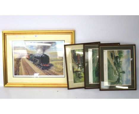 Four prints depicting trains. Including a limited edition signed print 'John -----y' no 23/495, 63cm x 44cm, all framed and g