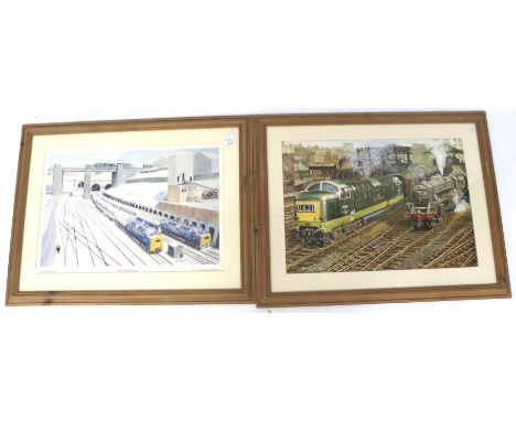 A Philip Chrome print titled 'Deltics Art Belle Ishes' and a similar Michael Hutchinson diesel and steam locomotive, both fra