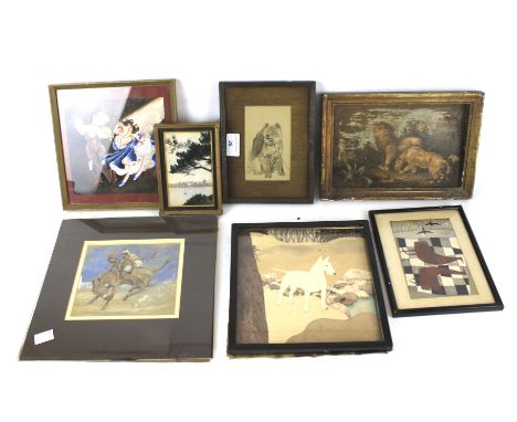 An assortment of miniature prints, paintings and drawings. Including a sketch of a dog, comical scene of figures dancing etc,