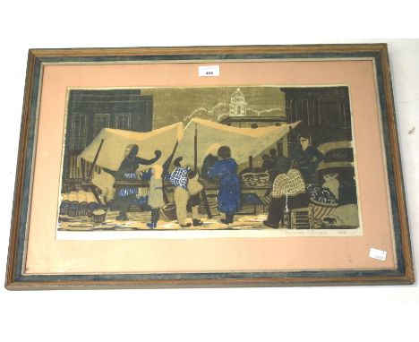 Gwyneth Travers. A signed and dated woodblock print titled 'Kingston market no 2 woodcot, 8/30' framed and glazed, dated 1965