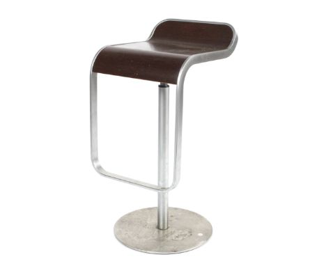 A LaPalma (Italy) Lem bar stool. With curved wooden seat on brushed metal frame, column support and circular base, stamped to