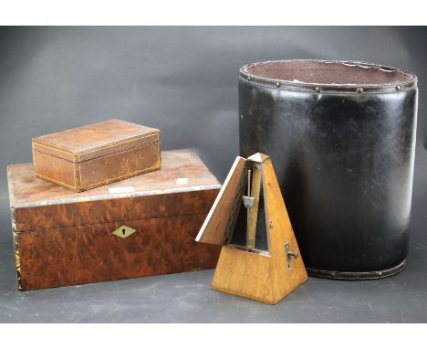 Four 19th &amp; 20th century collectables. Comprising a metronome, an inlaid veneered box, leather covered box and a leather 