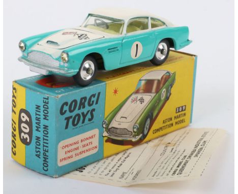 Corgi Toys 309 Aston Martin D.B.4 Competition Model, white/turquoise body, lemon interior, spun shaped wheel hubs, racing num