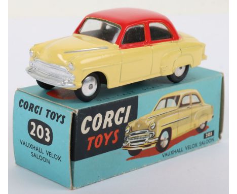 Corgi Toys 203 Vauxhall Velox Saloon, yellow/red body, silver trim, flat spun wheel hubs, in mint original condition, early b