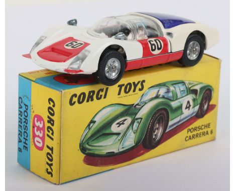 Corgi Toys 330 Porsche Carrera 6, white body, red doors/bonnet, racing no 60, blue engine cover, cast wheel hubs, black inter