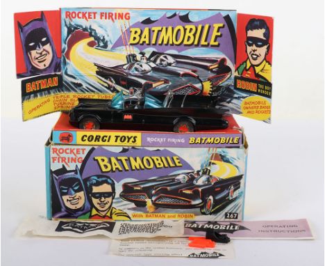 Boxed Corgi Toys 1st issue 267 Rocket Firing Batmobile with Batman and Robin, gloss black, red bat hubs, blue tinted windscre