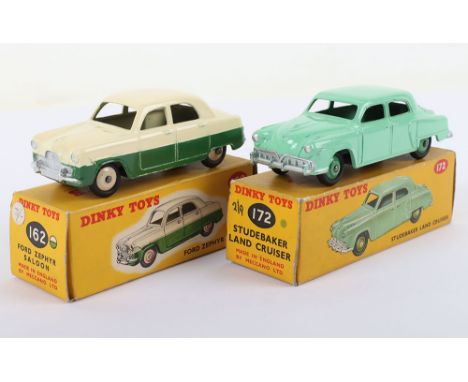 Two Boxed Dinky Toys Cars, 162 Ford Zephyr Saloon, cream upper body/wheel hubs, dark green lower body and 172 Studebaker Land