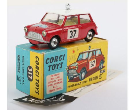 Corgi Toys 317 Monte-Carlo 1964 B.M.C. Mini Copper S, red body, white roof, lemon interior, jewelled headlights, silver trim,