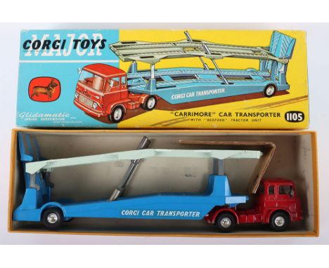 Corgi Major Toys 1105 Carrimore Car Transporter with Bedford TK Tractor Unit, red cab, yellow interior, blue/light grey trail