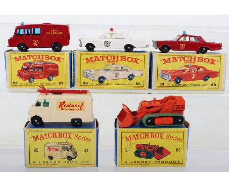 Five Boxed Matchbox Lesney Regular Wheels Models, including: 55c Ford Galaxie Police Car, white body,red roof light in E4 box