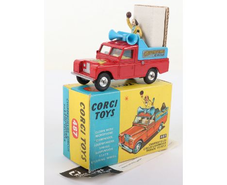 Corgi Toys 487 Chipperfield’s Circus Landrover Parade Vehicle, red body, yellow interior, blue plastic rear body, shaped spun