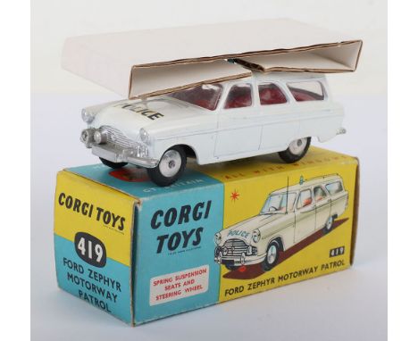 Corgi Toys 419 Ford Zephyr Motorway Patrol, white body 'Police' red interior, small blue roof light, flat spun wheel hubs, in