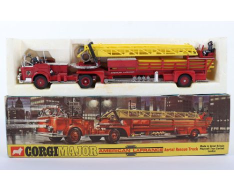 Corgi Major Toys 1143 American LaFrance Aerial Rescue Truck Fire Engine, red/white/yellow, red cast wheel hubs, complete with