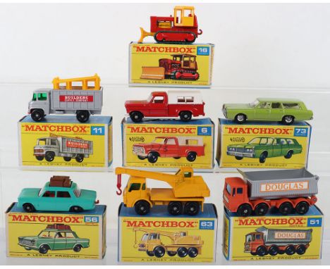 Seven Boxed Matchbox Lesney Regular Wheels Models, including: 6d Ford Pick Up Truck, red body, clear windows, white grille, i