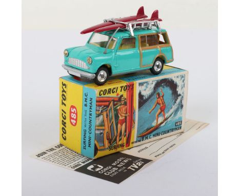 Corgi Toys 485 Surfing with The B.M.C. Mini Countryman, turquoise body, yellow interior, silver grille, spun shaped wheel hub