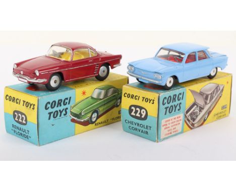 Two Boxed Corgi Toys, 222 Renault Floride dark red body, yellow interior, flat spun wheels, silver embellishment and 229 Chev