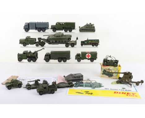 Quantity of Playworn Military Dinky Toys and others, including: Boxed 601 Mini Moke, unboxed: 25s Covered wagon (repainted-mi