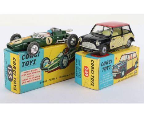 Two Boxed Vintage Corgi Toys, 155 Lotus-Climax Formula 1 Racing Car, green body, driver no ‘1’ spun wheels, in near mint orig