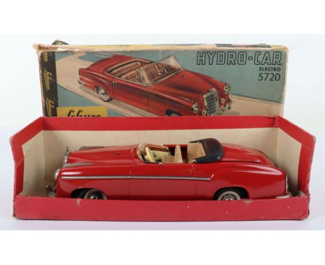 Schuco 5720 Electro Hydro-Car Mercedes 220S Cabriolet, red tinplate body, tan interior, litho printed dashboard, grey tinplat