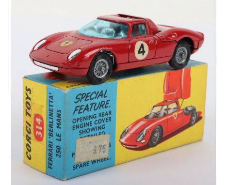 Corgi Toys 314 Ferrari ‘Berlinetta’ 250 Le Mans, red body, yellow stripe no ‘4’ spoked wheels, in near mint original conditio