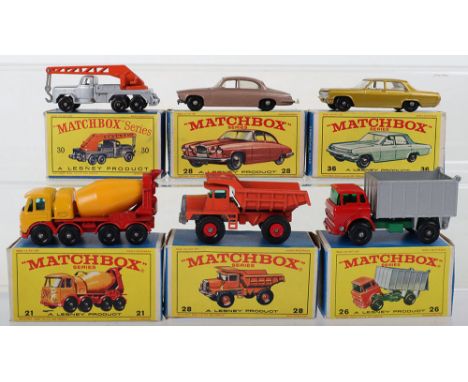 Six Boxed Matchbox Lesney Regular Wheels Models, including: 21d Foden Concrete Truck, yellow cab/red chassis/yellow barrel, b