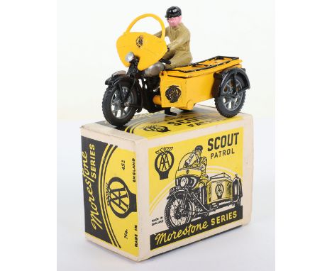 Morestone No 452 Series  AA Scout Patrol, black/yellow motorcycle and sidecar, windscreen, plastic rider, in excellent origin