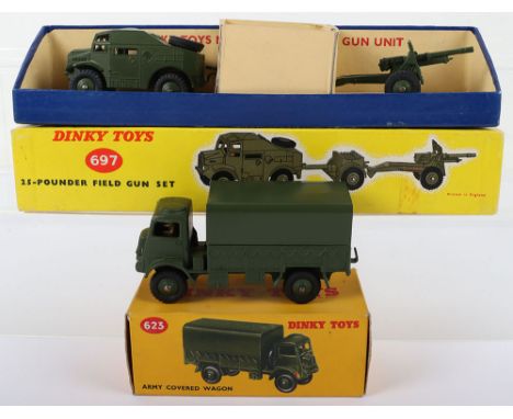 Dinky Toys 623 Army Covered Wagon, military green, in yellow illustrated box and 697 25-pounder field gun set, this set compr