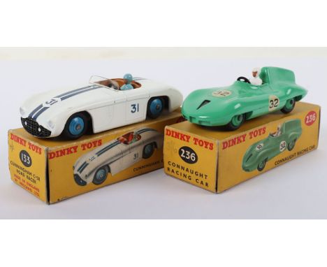 Two Boxed Dinky Toys Racing Cars,133 Cunningham C-5R Le Mans Road Racer, white body, tan interior, dark blue stripes, no ‘31’