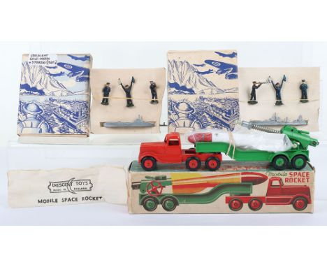 Crescent Toys No 1268 Space Rocket, red diecast cab, green trailer, complete with white plastic cap firing rocket,in very goo