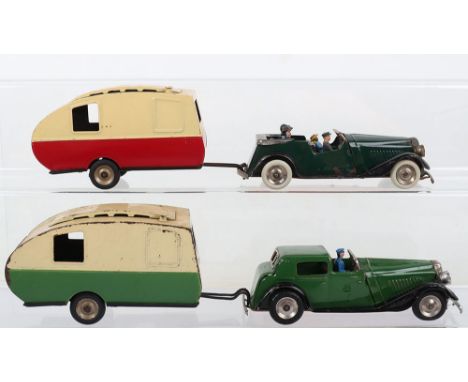 Four Tri-ang Minics 17M Vauxhall Tourer, dark green/black tinplate body ‘LBL 174’ number plate to rear  with four Corgi figur