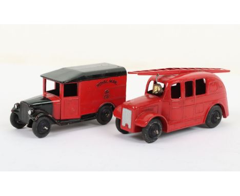 Dinky Toys 25h Streamlined Fire Engine, red body/ladder, with bell, black rigid wheel hubs and 34b Royal Mail Van, red body, 