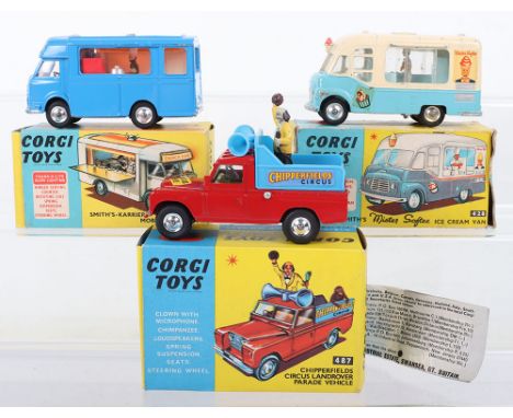 Three Original Boxed Corgi Toys, 428 Smith Mr Softee Ice Cream Van, cream/blue body, spun wheels, with ice cream salesman, mo