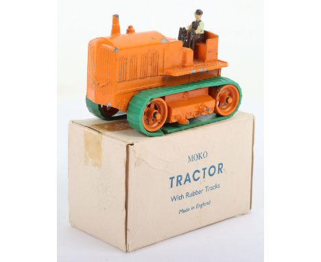 Early  Moko Heavy Tractor, orange body &amp; metal rollers with green rubber tracks (one is reproduction), in good original c