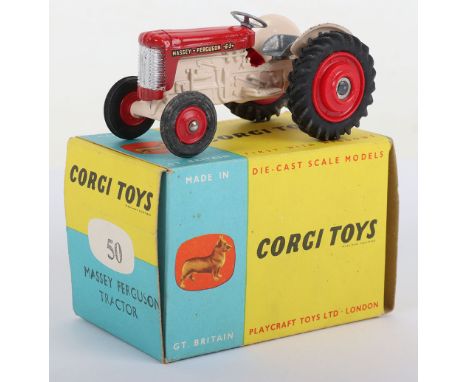 Boxed Corgi Toys 50 Massey-Ferguson 65 Tractor, bright red bonnet, red plastic wheel hubs, fawn chassis, silver plastic steer