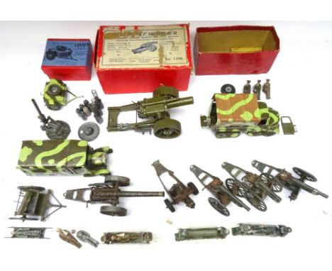 Britains set 1266, 18inch Heavy Howitzer on tractor wheels with ammunition, and 1726 Limber in original boxes with repainted 