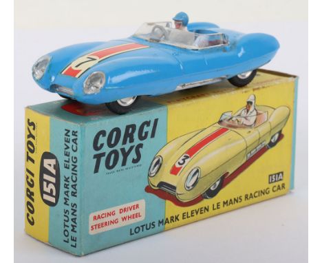 Corgi Toys 151A Lotus Mark Eleven Le Mans Racing Car scarce shaped spun wheels, blue body, red seats, clear windscreen, red/w