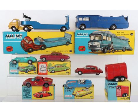 Seven Playworn Boxed Corgi Toys, 102 Rices Pony Trailer, 151A Lotus Mark Eleven Le Mans Racing Car,152S BRM Formula 1 Grand P