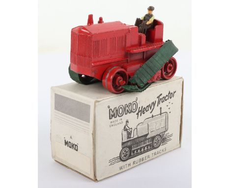 Early Moko Heavy Tractor, red body &amp; metal rollers with green rubber tracks (one is brittle) in very good original condit
