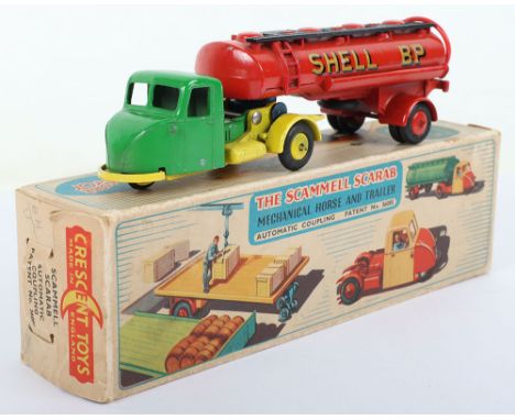 Crescent Toys  No 1276 Scammell Scarab with Shell BP Tanker, green/yellow cab, red tanker gold ‘Shell-BP’ with red plastic fu