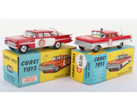 Two Boxed Corgi Toys Fire Chief Cars, 439 Chevrolet Impala, red body, white stripe/doors ‘Fire Department’ round labels (not 