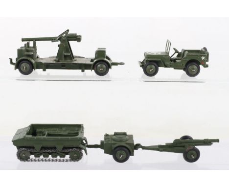 Dinky Toys Military Vehicles, 153a Jeep, 161b Anti-Aircraft gun on trailer,162a Light dragon tractor, with tracks, 162b Ammun