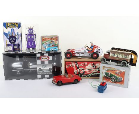 Schylling Collectors Series Wind Up  Tin Sprint Racer, Speedway Racer,  Electra Robot, unboxed General bus,  plus Authentic M